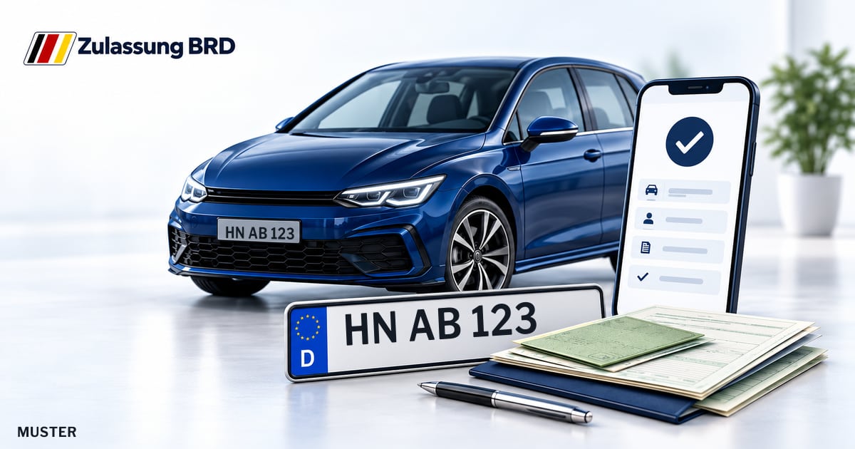 Online Fahrzeugzulassung in Landkreis Heilbronn: Musterkennzeichen HN AB 123, Auto und Fahrzeugpapiere und Smartphone. Illustration mit Logo von Zulassung BRD.